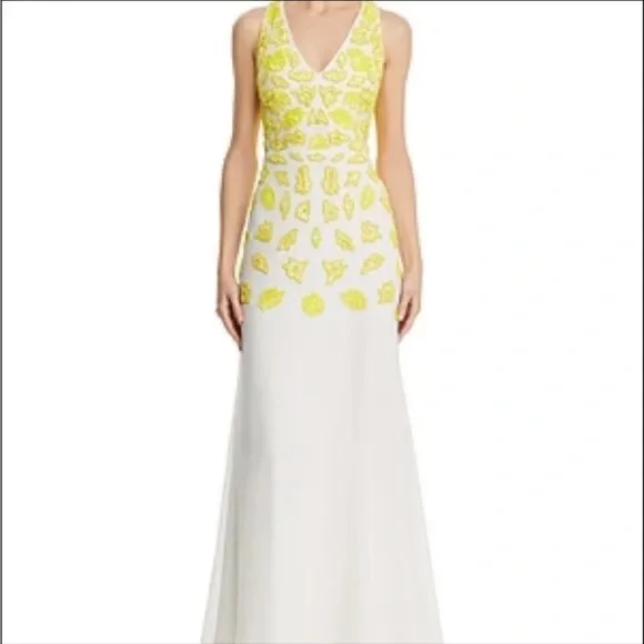 Aidan by Aidan Mattox V-Neck Bodycon Embellished Zipper Back Dress YELLOW Ivory / 10